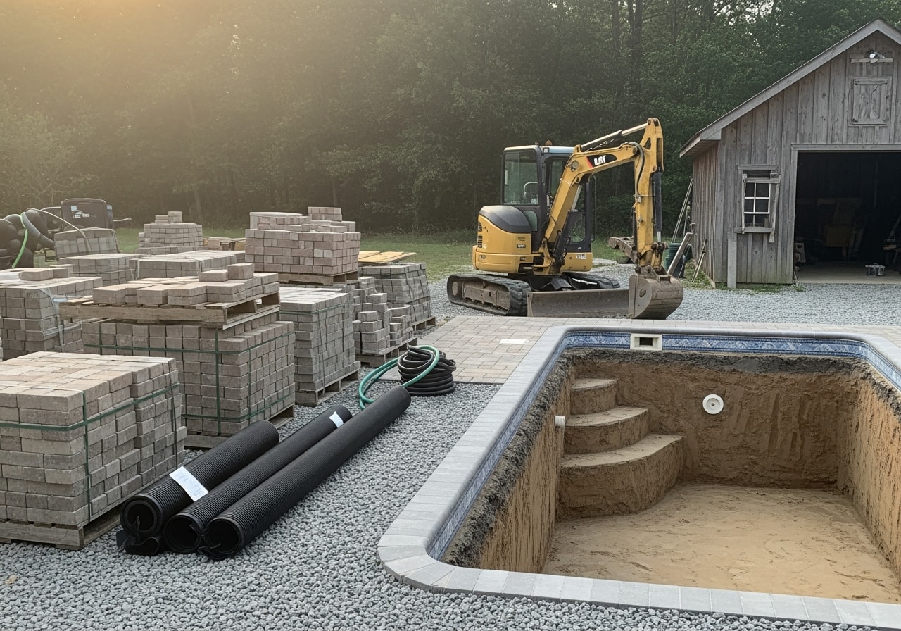 Outdoor construction site showing pool excavation, paver materials, and landscaping equipment ready for installation.