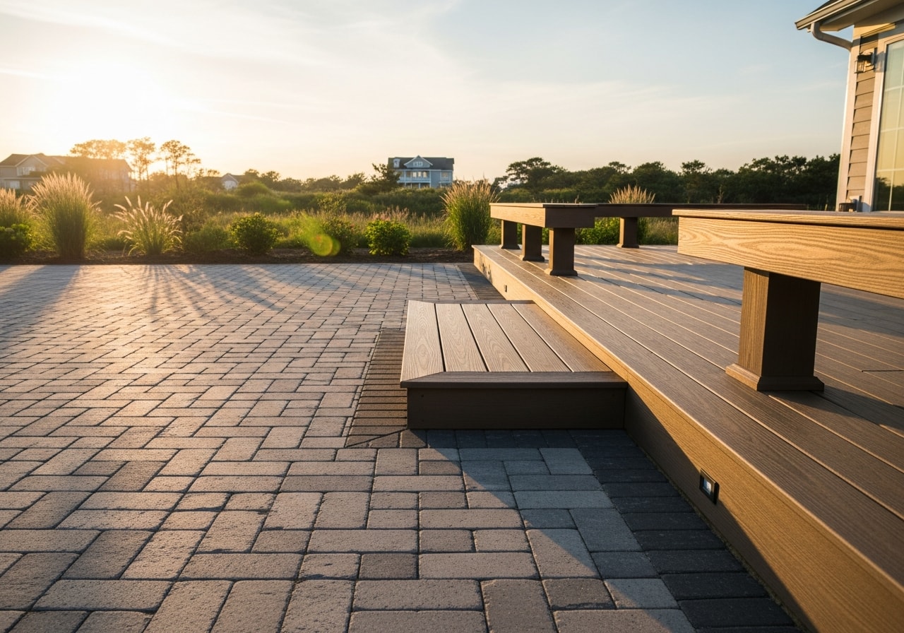 Composite deck with LED lighting and permeable paver patio in Ocean Pines