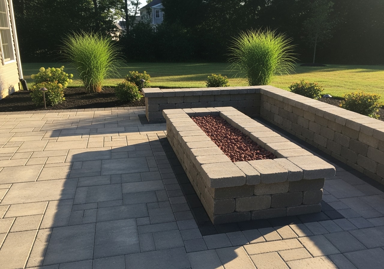 Linear fire table with seating wall and permeable paver patio in Worcester County