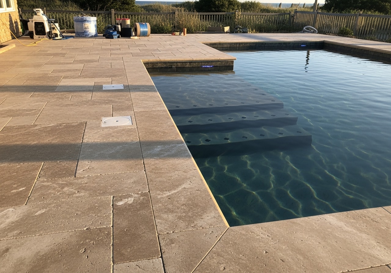 Completed gunite inground pool with travertine deck and LED lighting in Ocean City