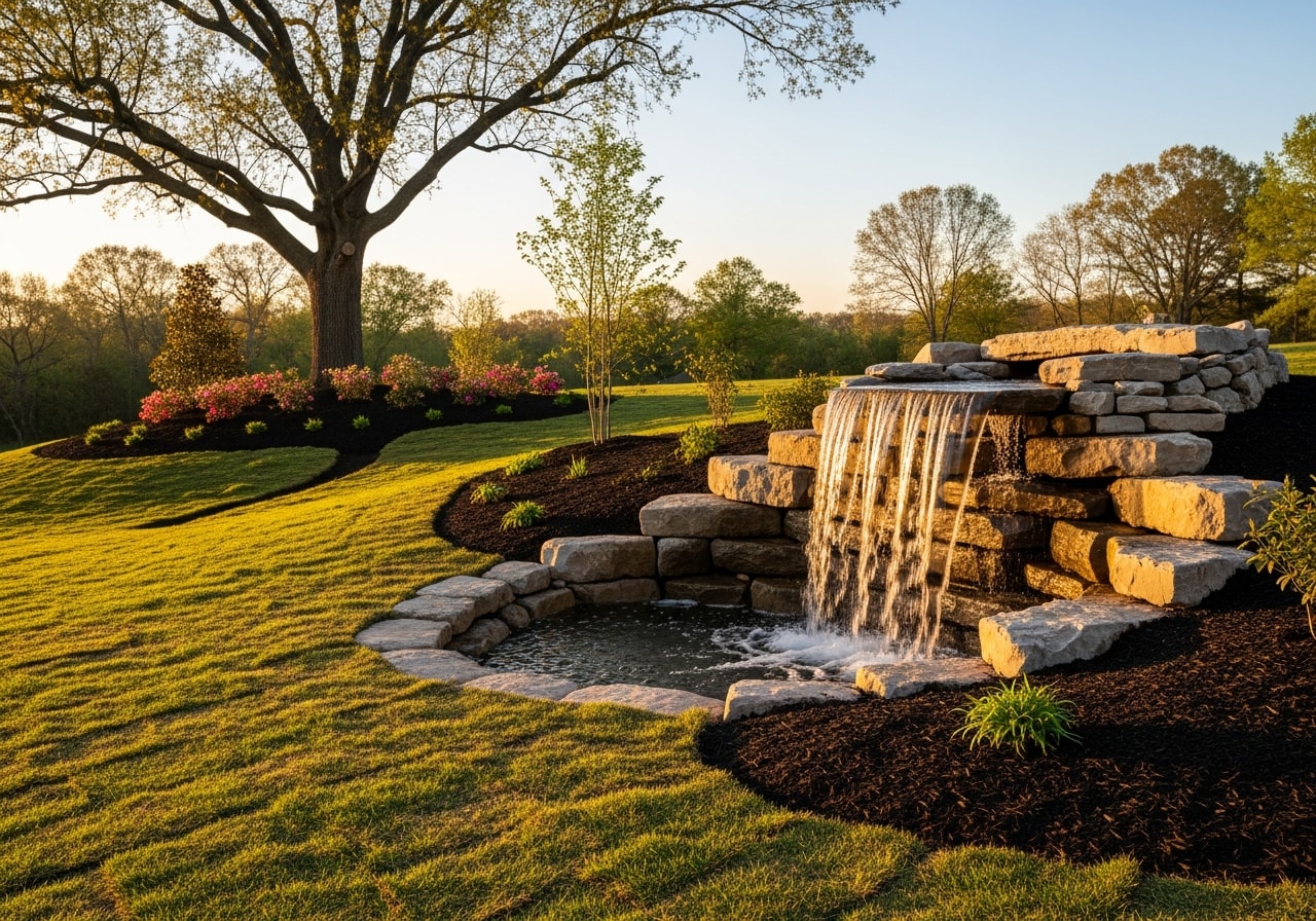 Landscaped yard with waterfall feature and new plantings in Wicomico County
