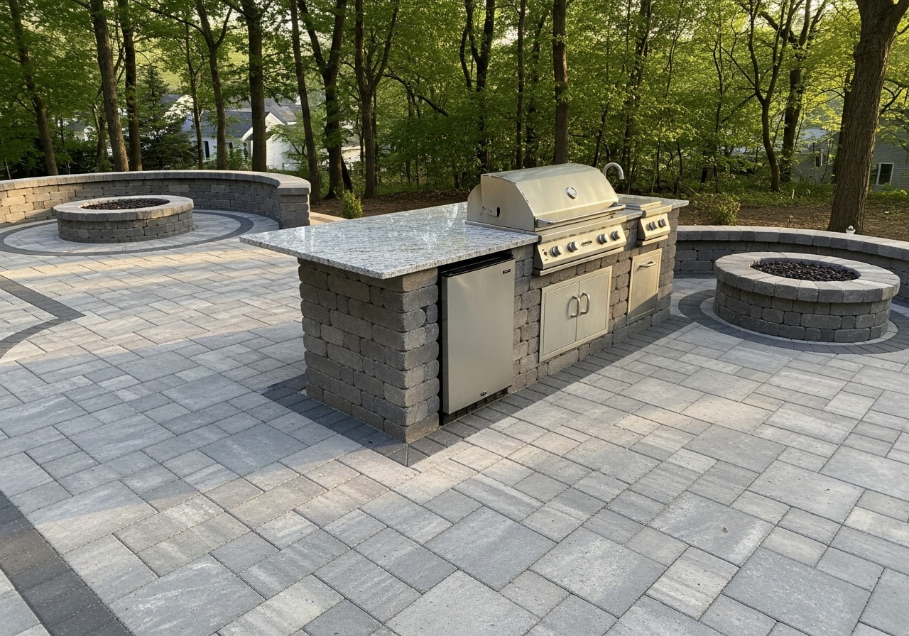 Outdoor kitchen with grill and granite countertop next to fire pit seating area in Berlin