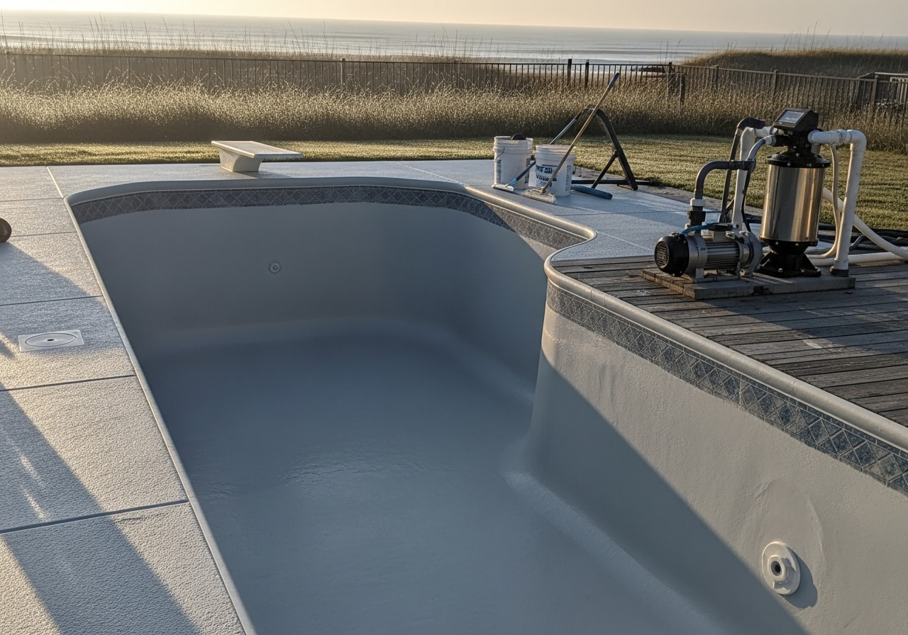 Renovated pool with fresh plaster finish and new equipment in Rehoboth Beach