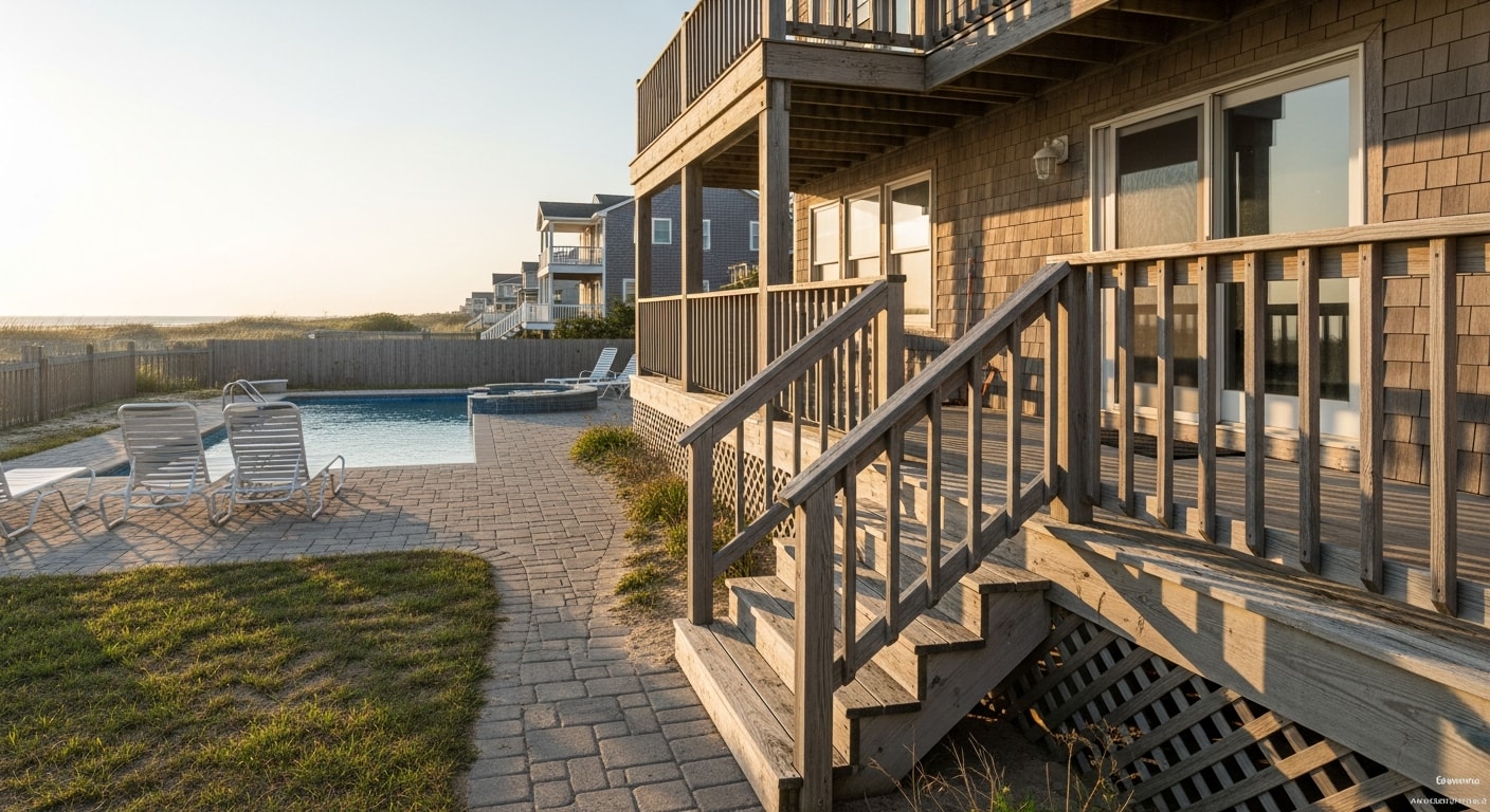 Coastal residential property in Rehoboth Beach with ocean-view deck and weathered siding typical of Sussex County homes.