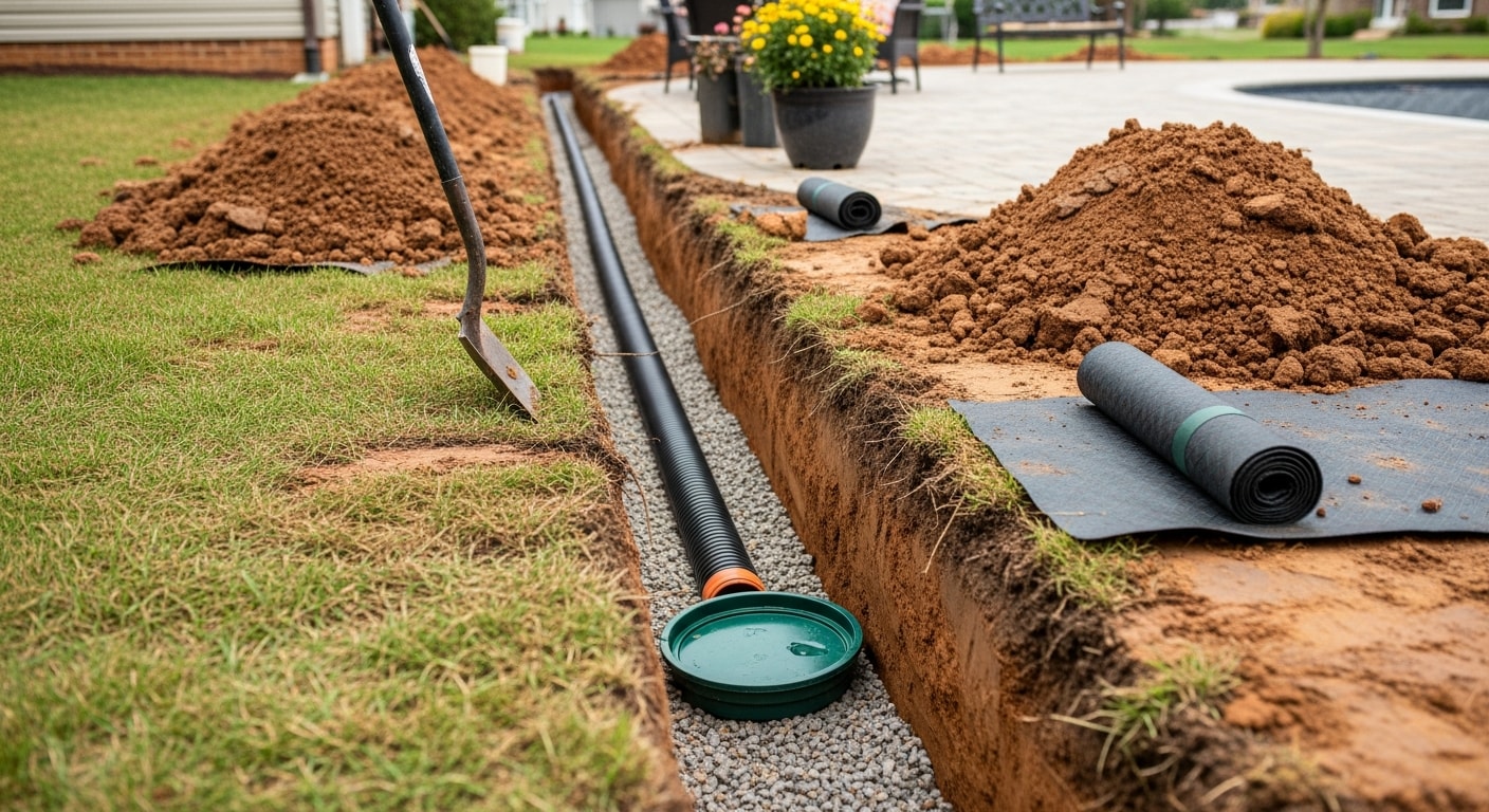 A newly installed channel drain running along the edge of a paver patio on a Sussex County residential property. The drain sits flush with the surface and directs water away from the hardscape toward a gravel discharge area.