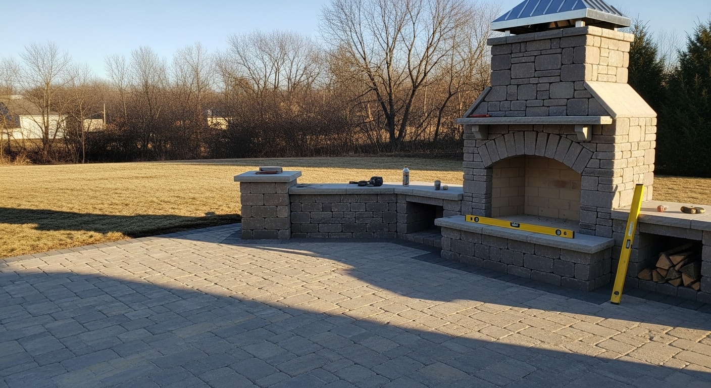 A custom built-in stone fire pit with surrounding seat wall installed in a Sussex County, NJ backyard paver patio. The fire feature is lit at dusk with natural stone construction visible against a wooded residential backdrop.