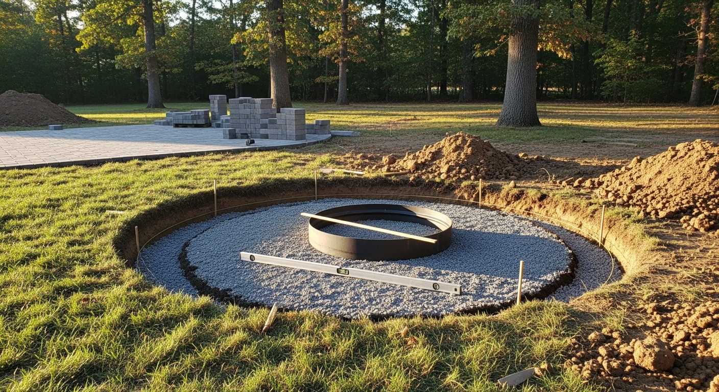 A custom built-in firepit with a natural stone surround and paver seating area installed in a residential backyard in Sussex County, New Jersey. The fire feature is set within a hardscaped outdoor living space surrounded by low seat walls.