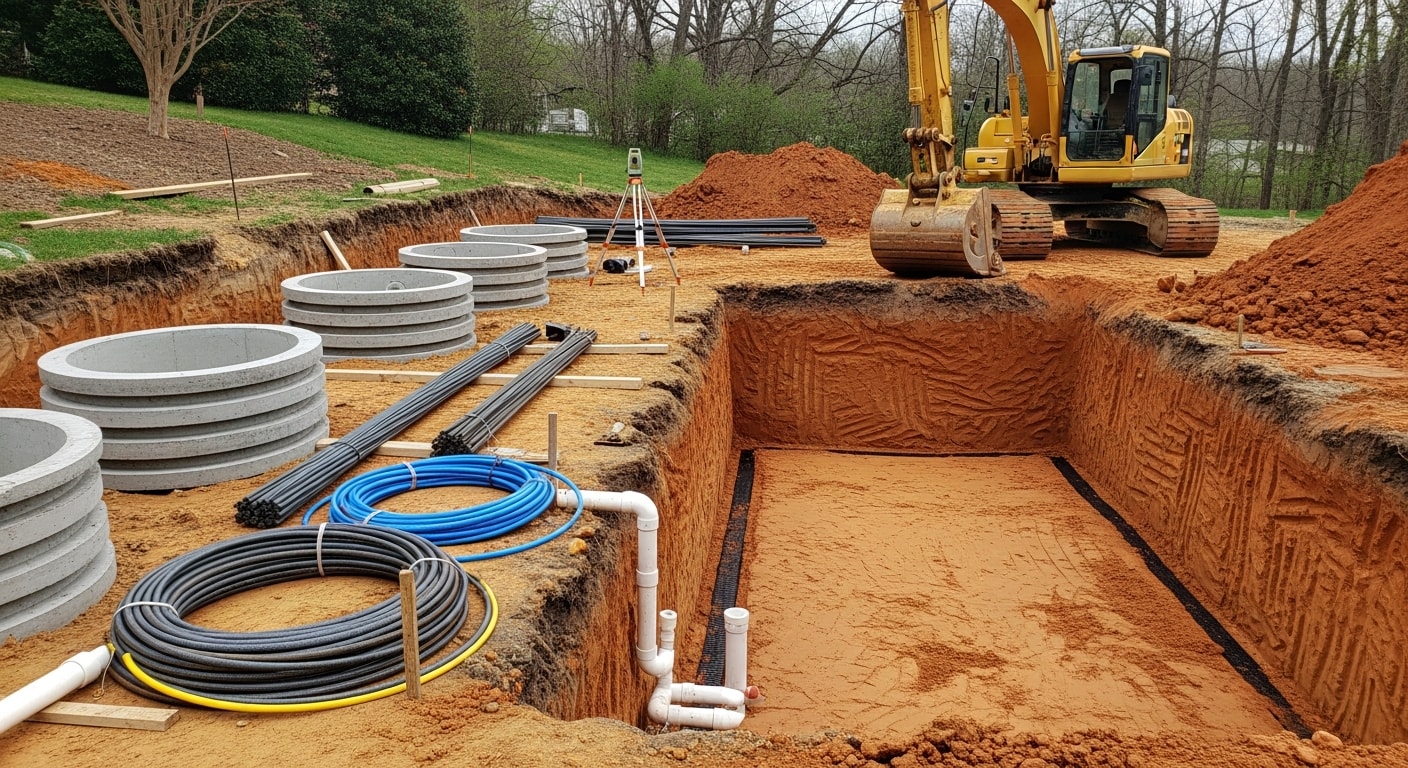 A newly installed custom inground pool with paver decking in a residential backyard in Sussex County, NJ. The pool features clean water, surrounding pavers, and a safety fence along the property line.