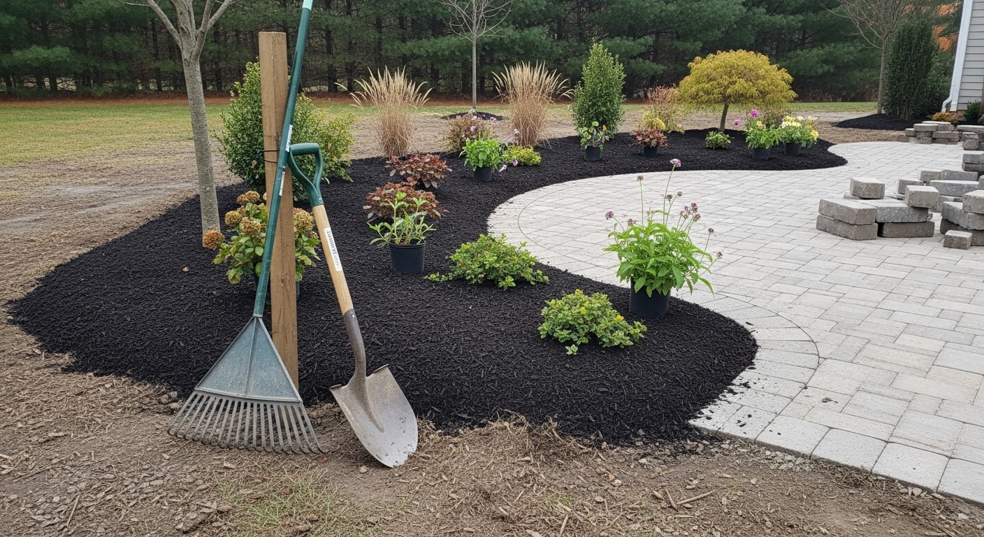 A finished residential landscape installation in Sussex County, NJ, showing defined planting beds, clean lawn edging, and layered shrubs along the front of a single-family home. The yard reflects a planned design with graded terrain and seasonal plantings suited to the northern New Jersey climate.