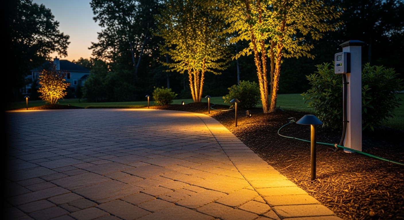 Low-voltage landscape lighting fixtures illuminating a paver walkway and garden beds at a residential property in Sussex County, New Jersey. Warm-toned path lights and uplights highlight mature trees and a stone entryway at dusk.