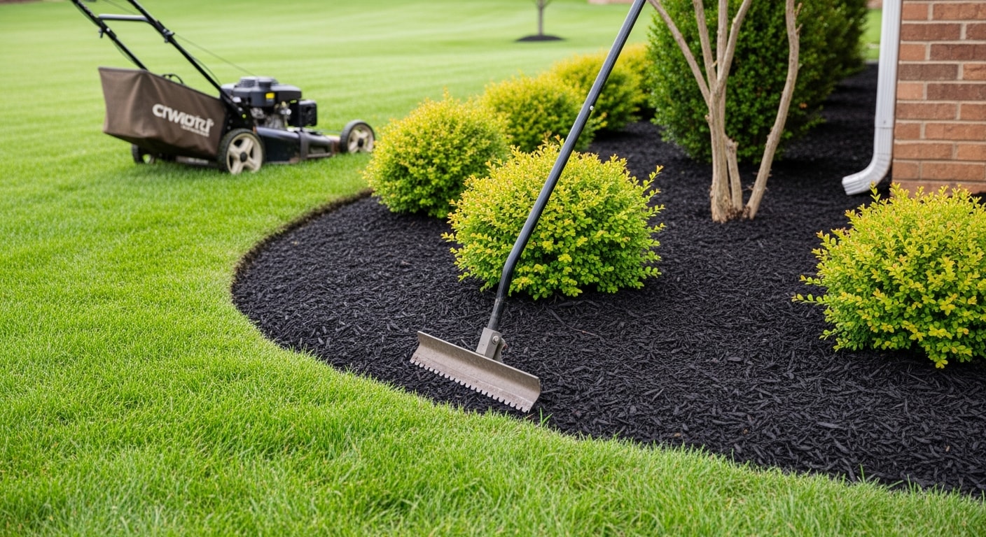 A well-maintained residential lawn in Sussex County, NJ with neatly edged turf, trimmed shrubs, and fresh mulch in garden beds. A landscape maintenance crew works in the background on a clear day.