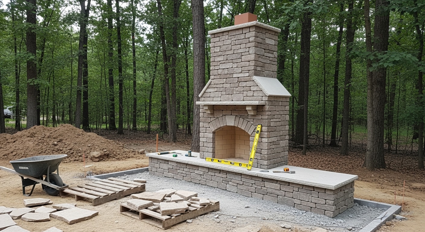A custom built-in outdoor fireplace with a stacked stone surround installed on a paver patio in a wooded Sussex County, NJ backyard. The fireplace serves as the focal point of a defined outdoor seating area with a chimney rising above the roofline.