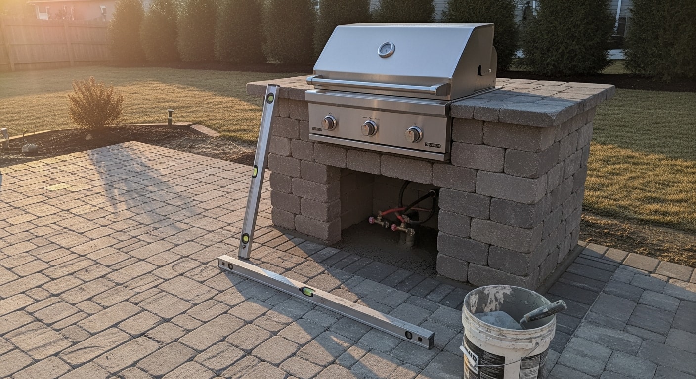 A built-in outdoor grill station installed on a paver patio in a Sussex County, NJ backyard, with a stone or masonry surround and open cooking area. The setup sits flush with the surrounding hardscape against a backdrop of a residential yard.