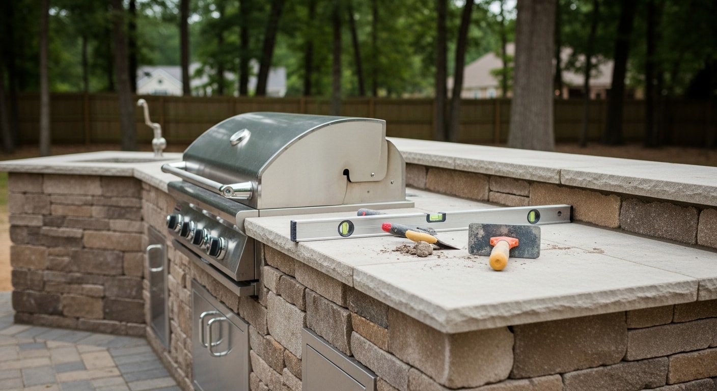 A completed outdoor kitchen installation in a Sussex County, NJ backyard, featuring a concrete block base, countertop cooking surface, and built-in appliances on a paver patio. The structure sits adjacent to a pool and connects to an existing hardscape area.