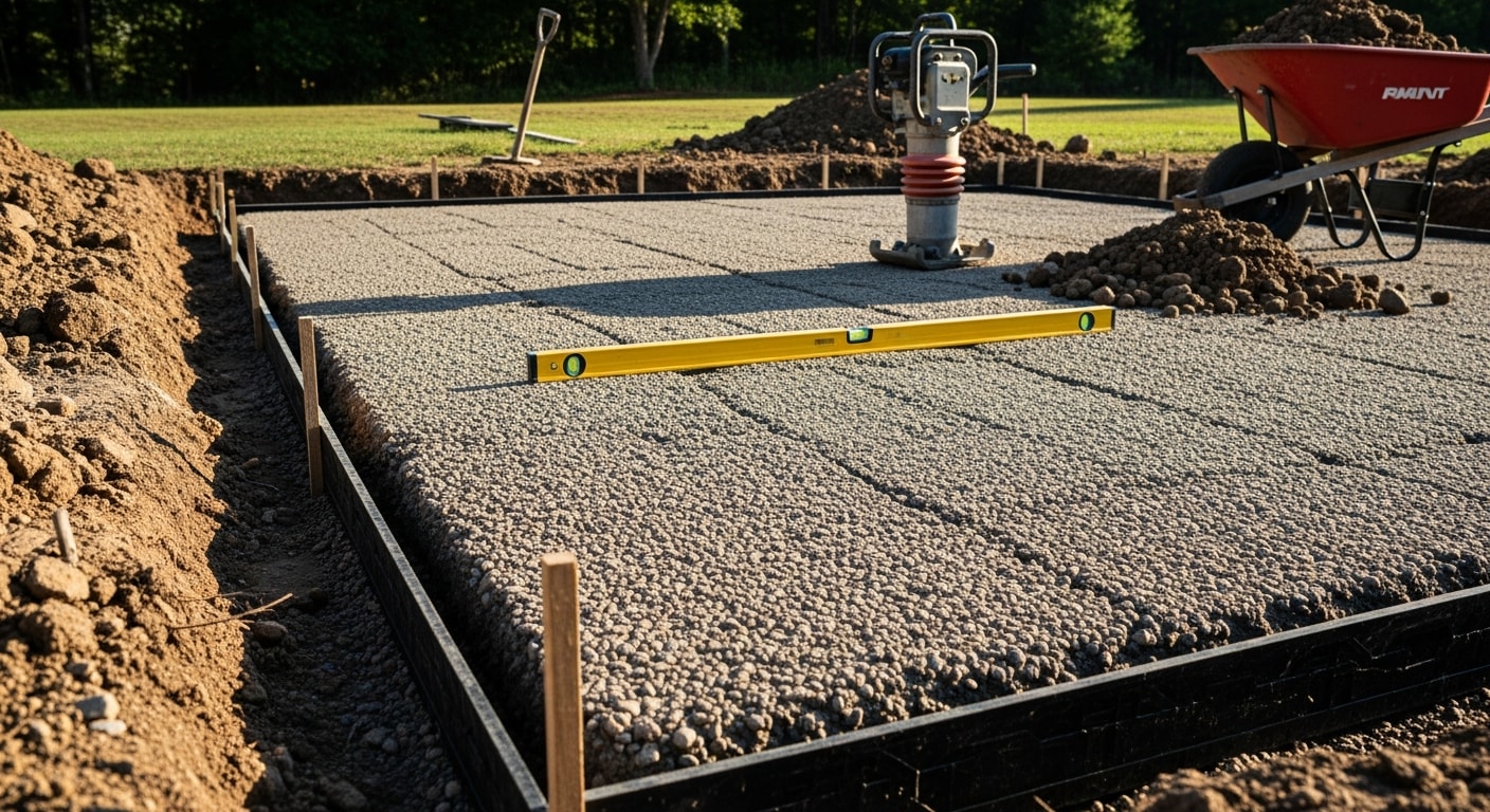 A completed paver patio installed in a Sussex County, NJ backyard, showing a level surface with defined edges and a natural stone border adjacent to a grassy yard. The patio includes open seating space with a wooded tree line visible in the background.