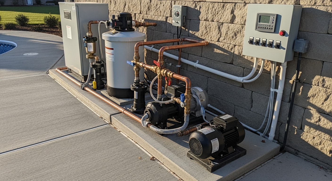 A newly installed pool equipment pad at a Sussex County, NJ residential property, showing a pump, filter, and heater connected with clean plumbing lines. The setup is positioned beside an inground pool in a landscaped backyard.