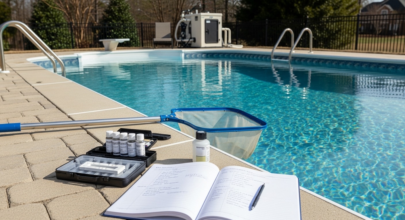 A clear, well-maintained inground swimming pool in a Sussex County, NJ backyard with clean water and a visible filtration system. A pool technician from Pools, Pavers & More tests the water chemistry poolside during a routine maintenance visit.