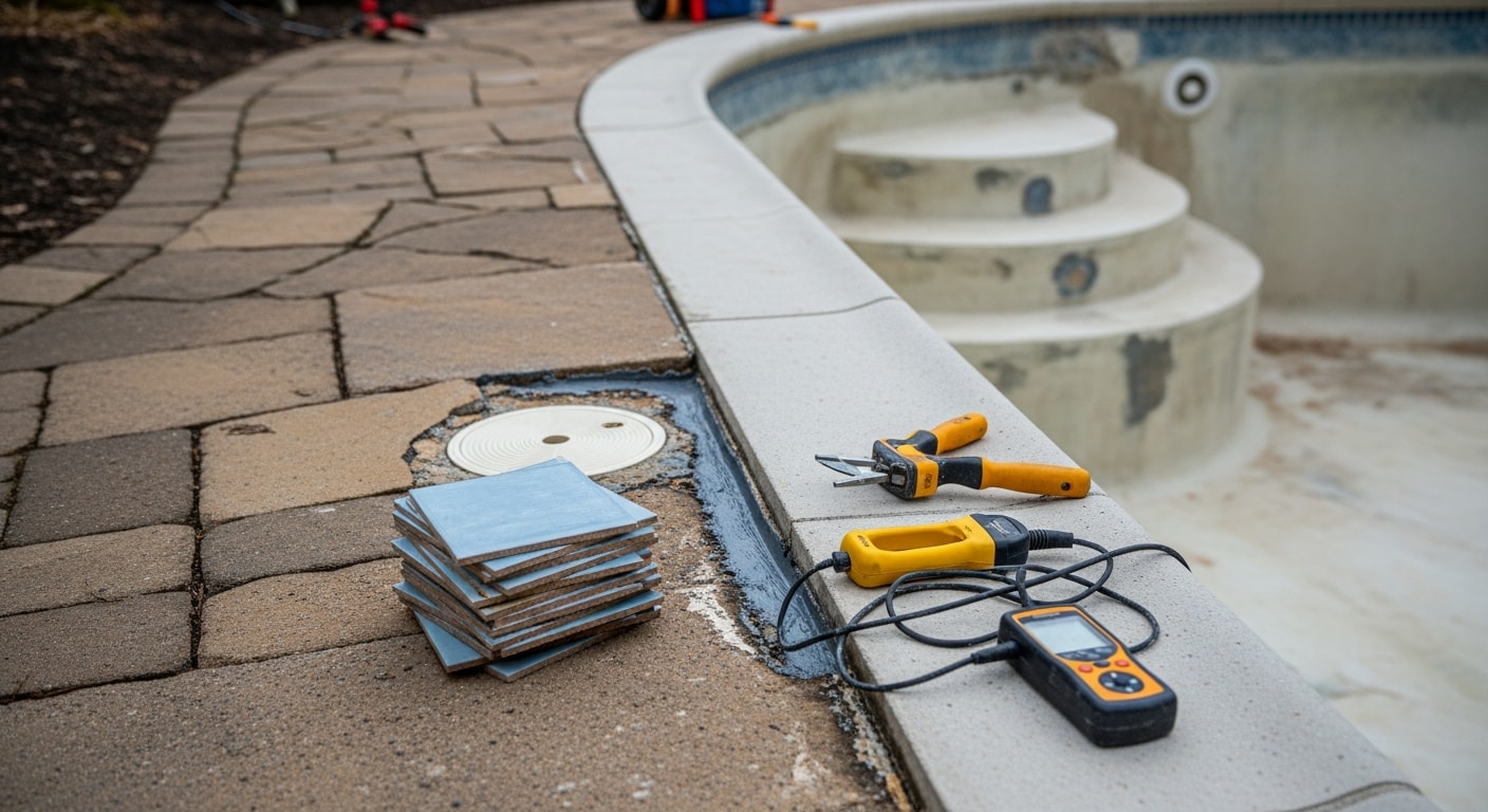 A rehabilitated in-ground pool in a Sussex County backyard showing a freshly resurfaced interior, replaced coping stones, and repaired tile line. The surrounding paver deck is clean and level with no visible cracking or damage.