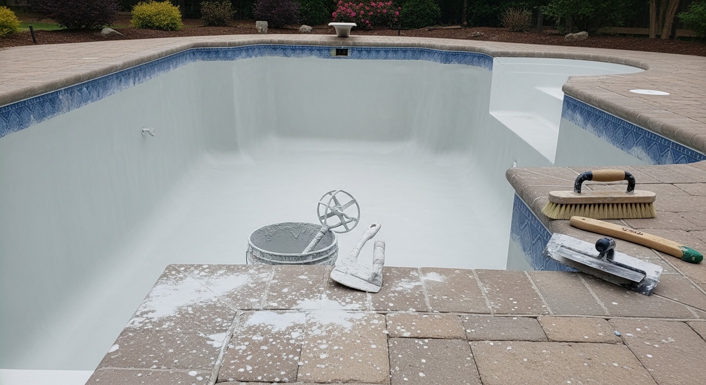 A freshly resurfaced in-ground pool with a smooth, clean finish at a residential property in Sussex County, NJ. The pool shell shows no visible cracks or staining, with clear water reflecting the surrounding backyard.