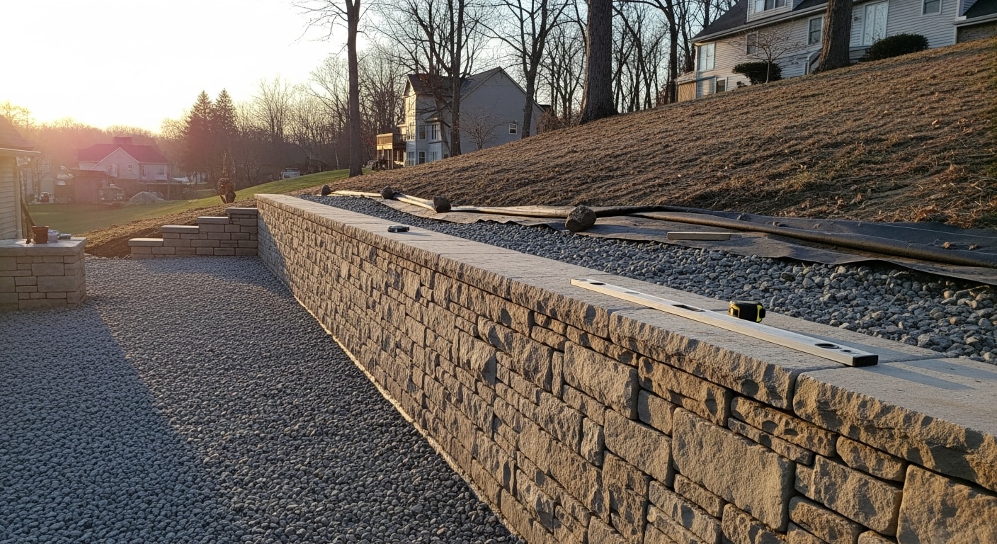 A finished multi-tier retaining wall built from segmental blocks on a sloped residential property in Sussex County, New Jersey. The wall creates two level yard areas with clean stone edges and visible drainage gravel at the base.
