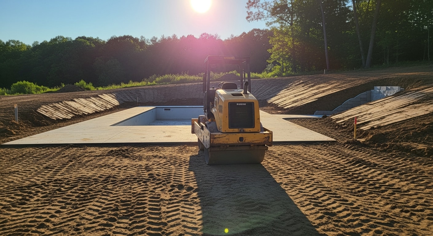 A freshly graded residential yard in Sussex County, NJ, showing smooth, compacted soil sloped away from the home's foundation. The cleared and leveled site is prepared for a paver patio and pool installation.