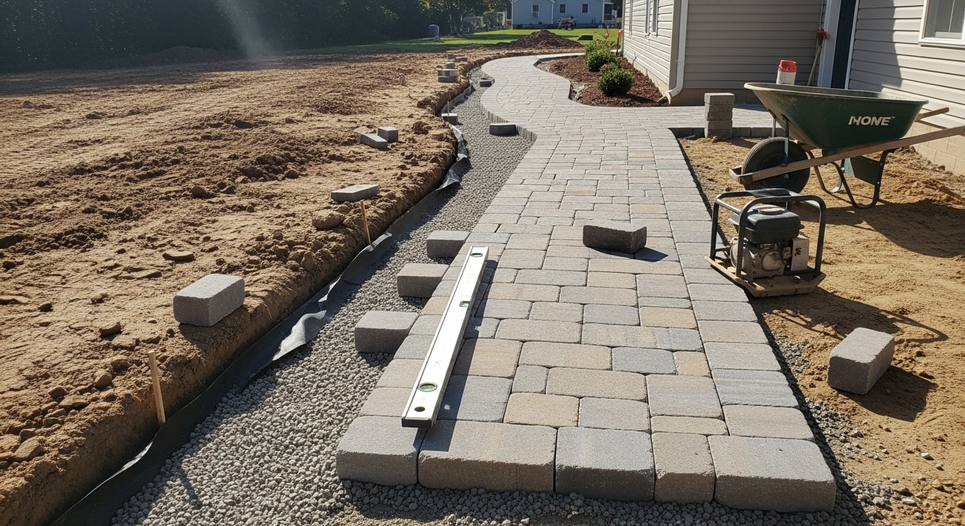 A newly installed paver walkway leading from a driveway to a front entry on a residential property in Sussex County, NJ. The path runs across gently sloping terrain with clean edge lines and a level surface.